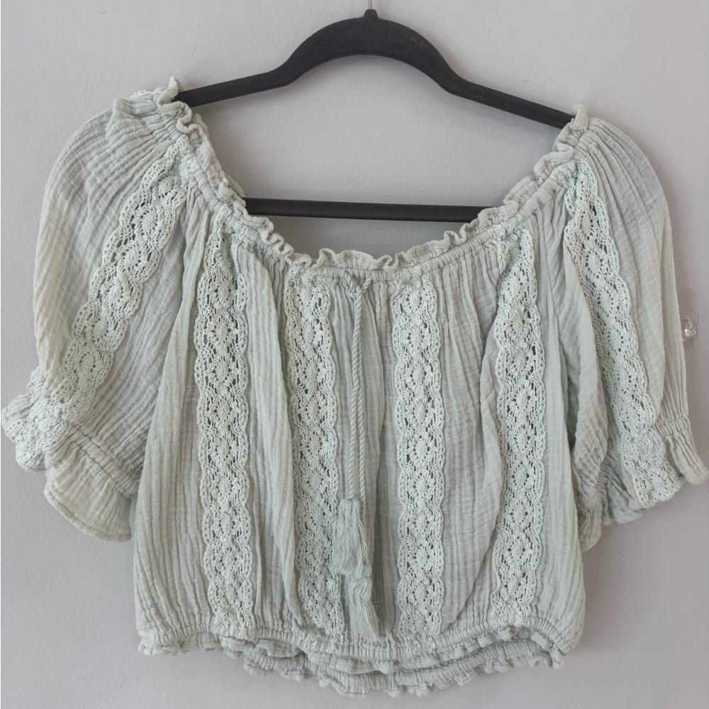American Eagle Outfitters Light Mint Lace-Trim Off-Shoulder Top